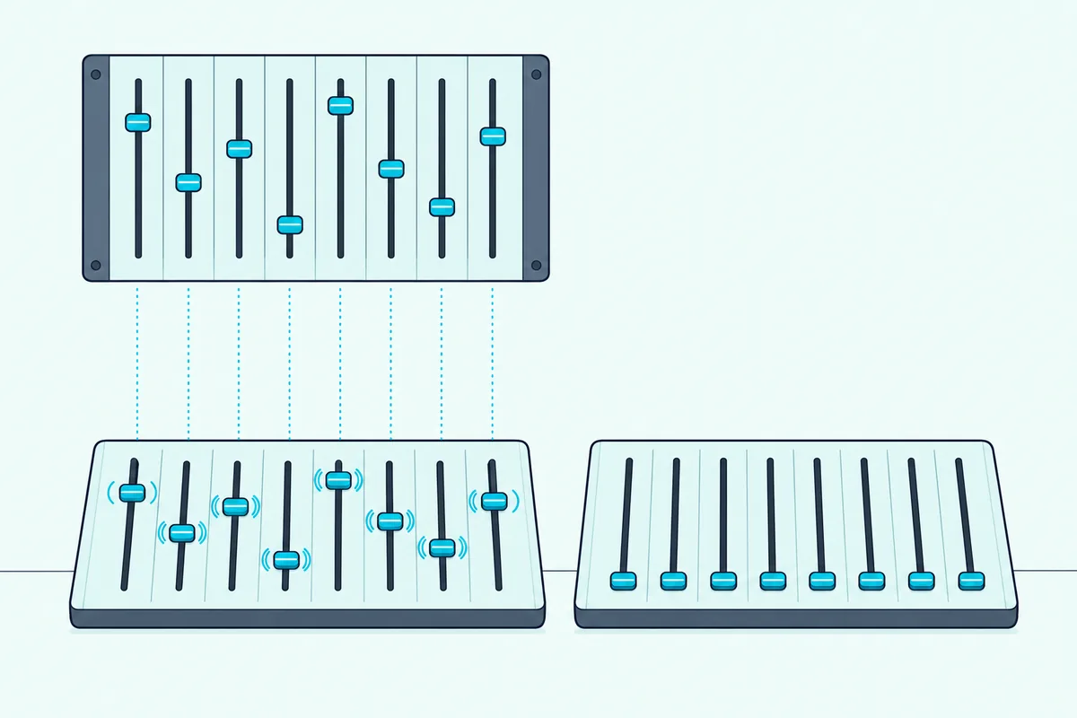 A motorized fader strip whose faders glide up and down to match a mixer above it, beside a fixed strip left out of step