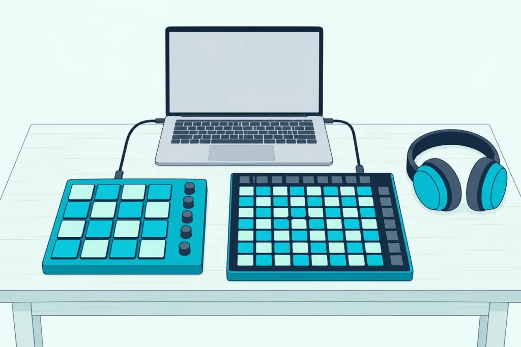 Sixteen-pad controller and a sixty-four-pad grid controller on a desk beside a laptop with a blank screen
