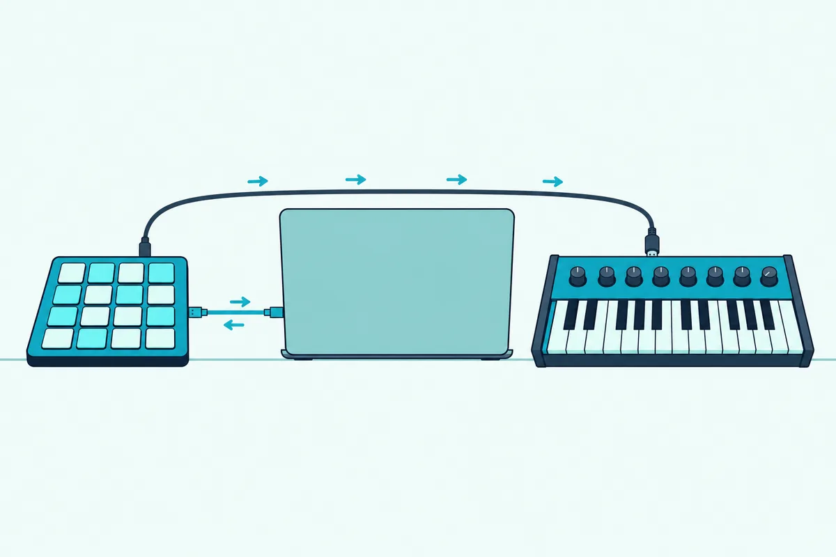 Pad controller linked by USB to a laptop and by a round five-pin cable to a small synth, with arrows through the laptop
