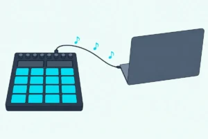 A pad controller sending note shapes along a USB cable to a laptop seen from behind