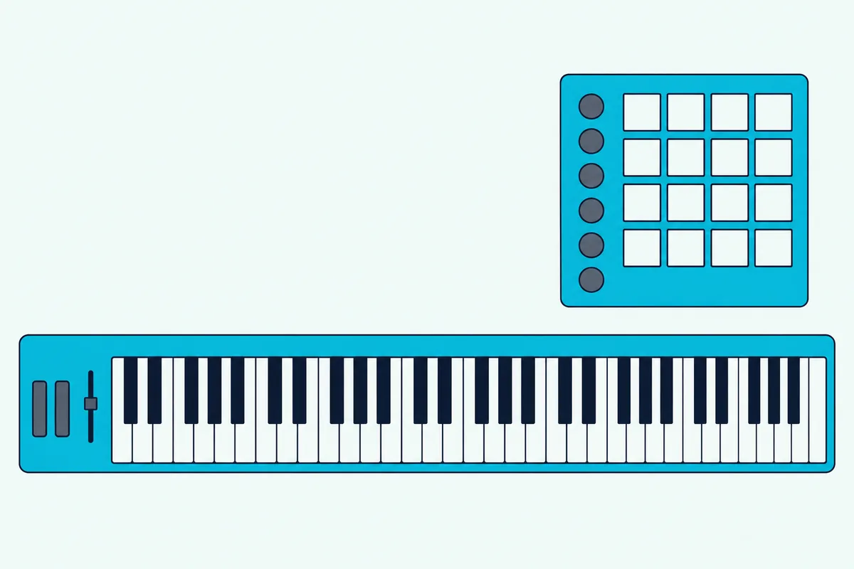 A MIDI pad controller with sixteen square pads and six knobs beside a 61-key MIDI keyboard controller on a desk