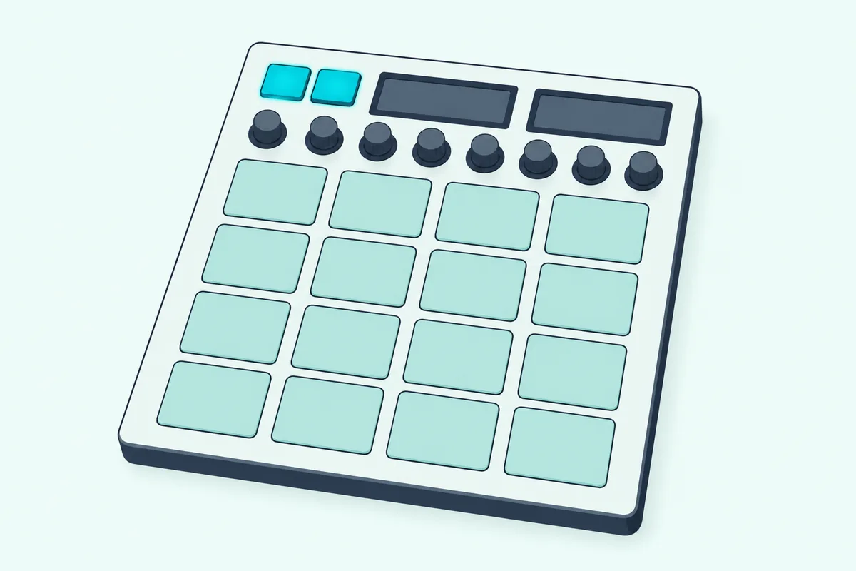 Pad controller with two buttons lit while its sixteen pads dim to show MIDI mode is on