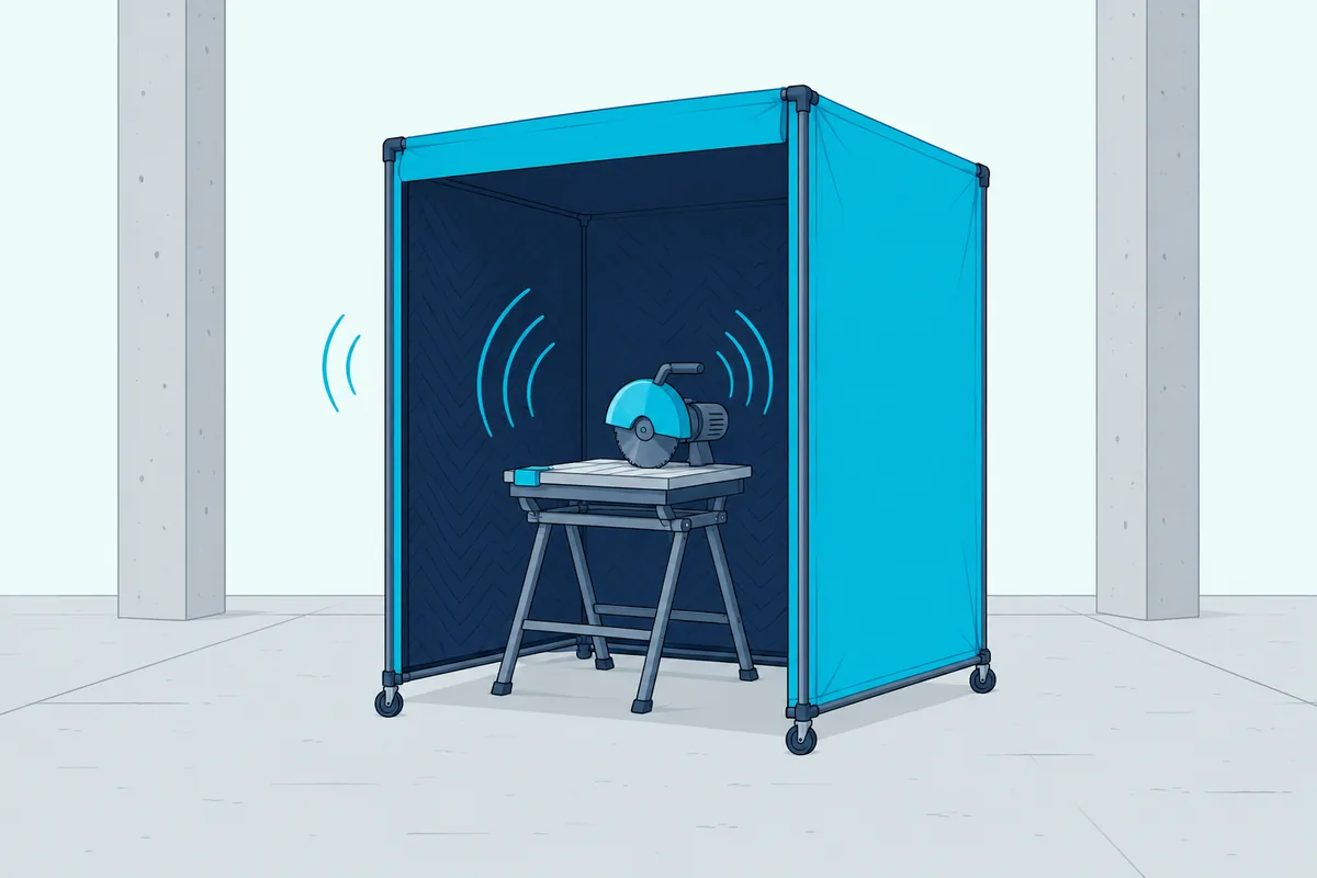 A padded acoustic enclosure on wheels around a tile saw at a building site