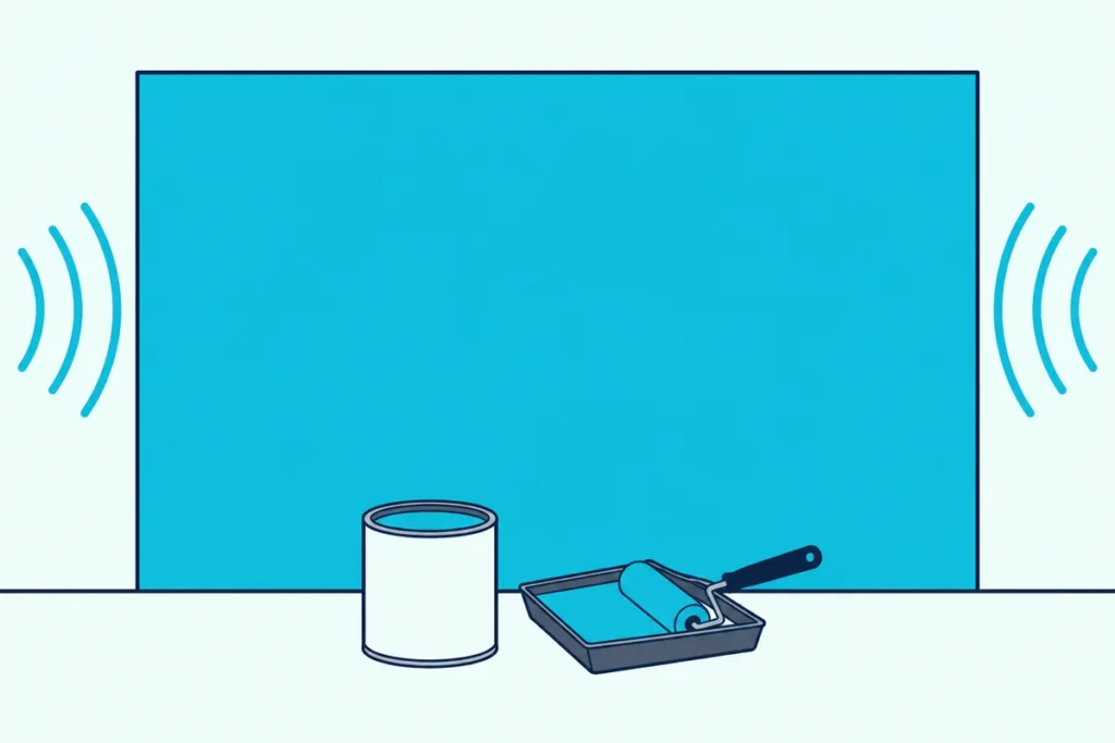 A paint roller and an open can of thick paint in front of a wall with curved sound waves passing through it