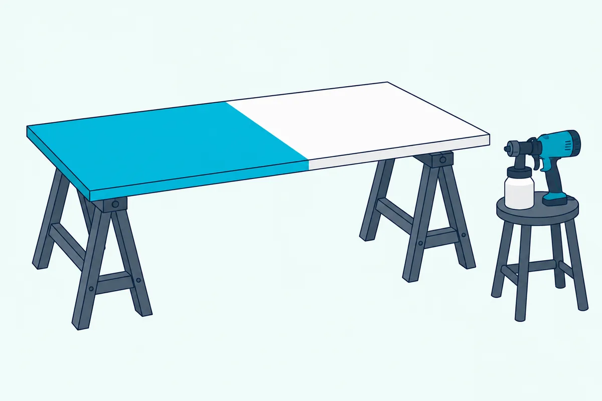 A paintable acoustic panel lying flat on two sawhorses, half sprayed, with a paint sprayer on a stool beside it