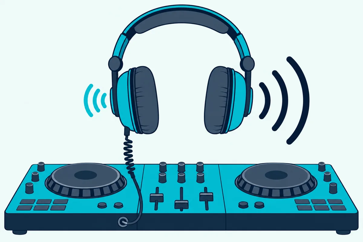 A pair of DJ headphones with one ear cup playing the next track and the other ear cup playing the mix