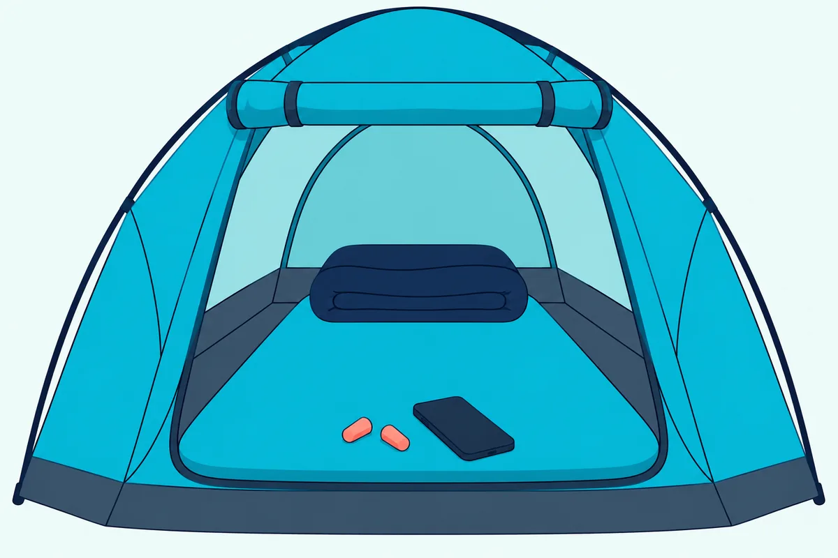 A pair of foam earplugs and a phone on a sleeping pad inside an open dome tent