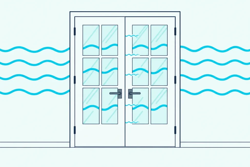 A pair of French doors with sound lines passing through the glass and leaking down the center seam