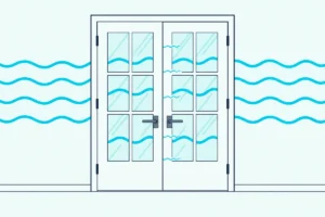 A pair of French doors with sound lines passing through the glass and leaking down the center seam