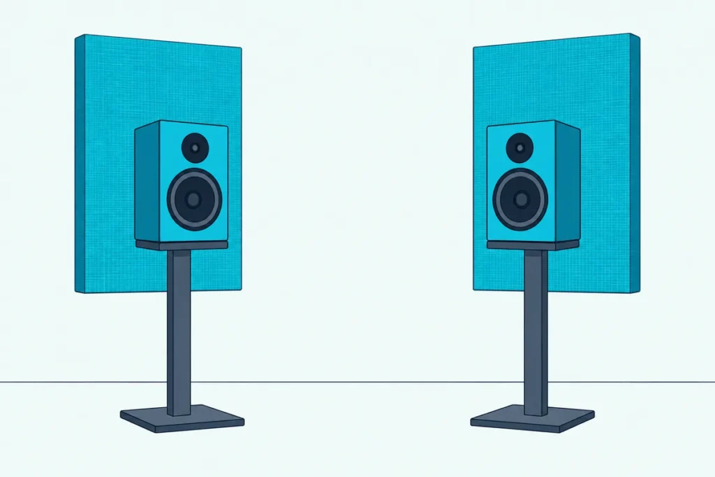 A pair of studio monitors on stands in front of two thick acoustic panels mounted on the wall behind them
