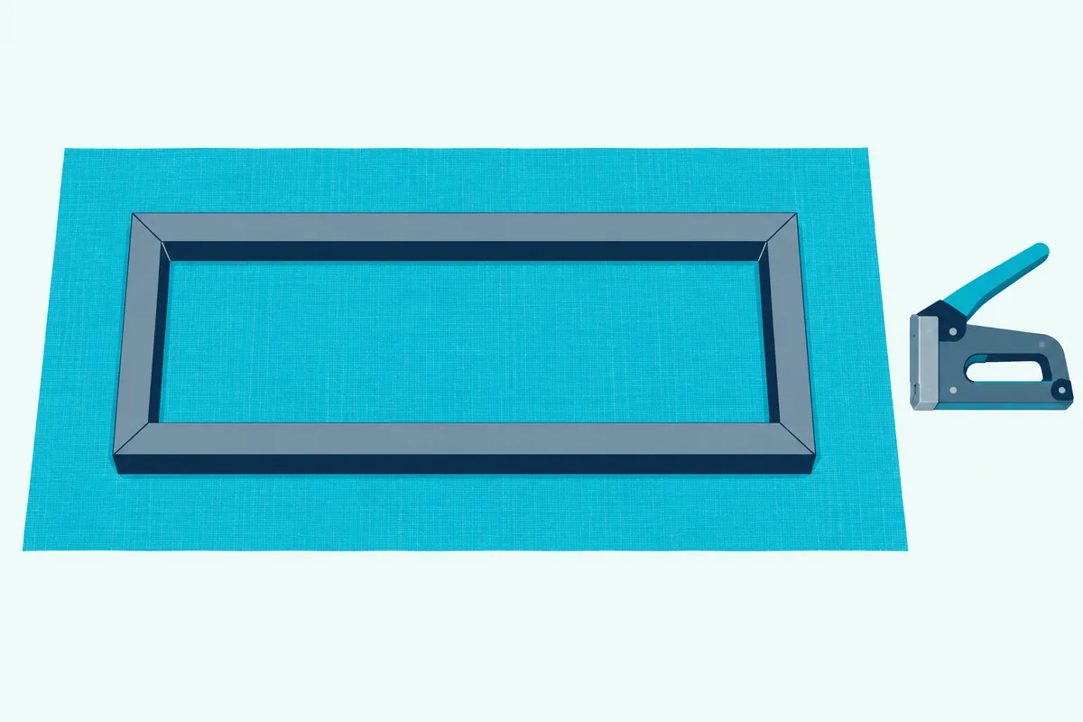 A panel frame centered on a flat piece of fabric with extra fabric showing on every side, ready to fold and staple