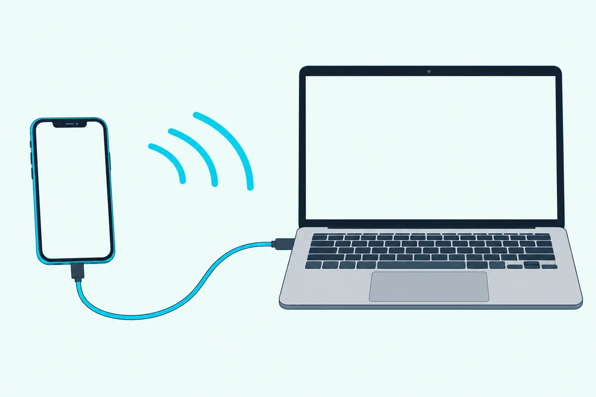 A phone and a laptop on a desk linked by a USB cable and by curved wireless arcs
