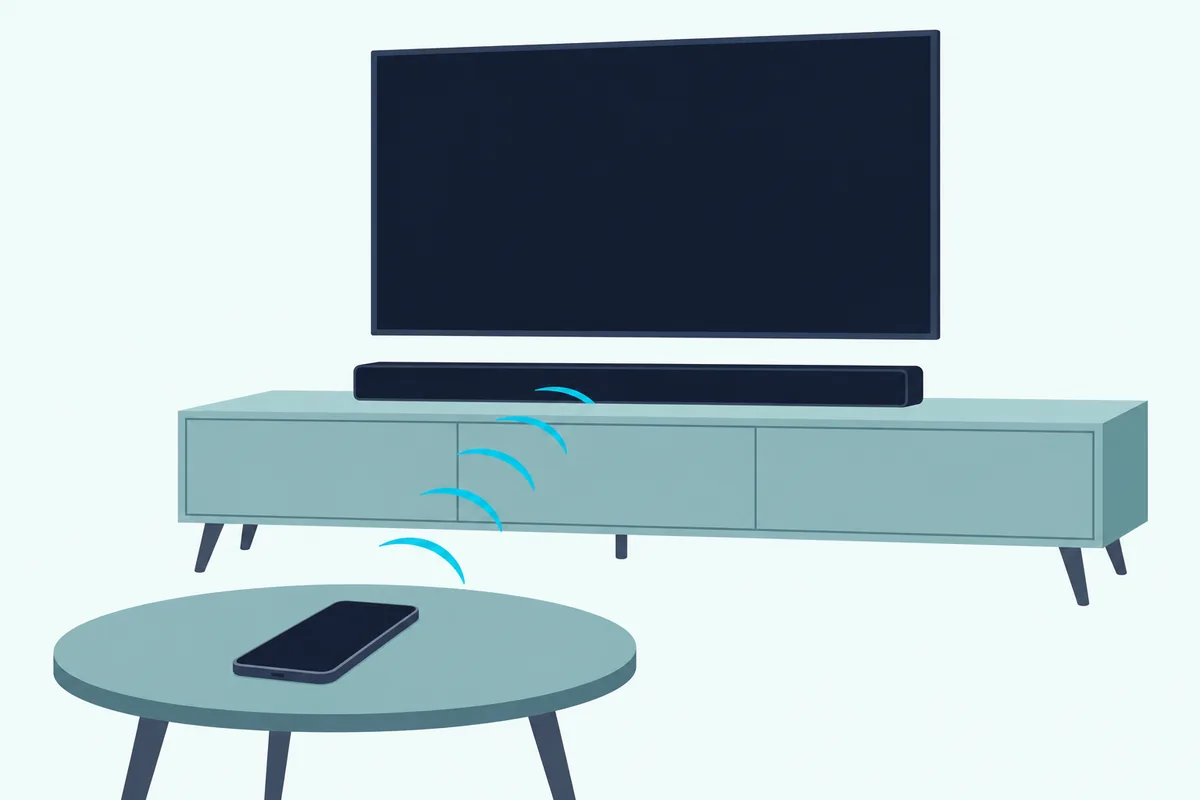 A phone on a coffee table linked by curved wireless arcs to a soundbar below a TV, with no remote anywhere in the room
