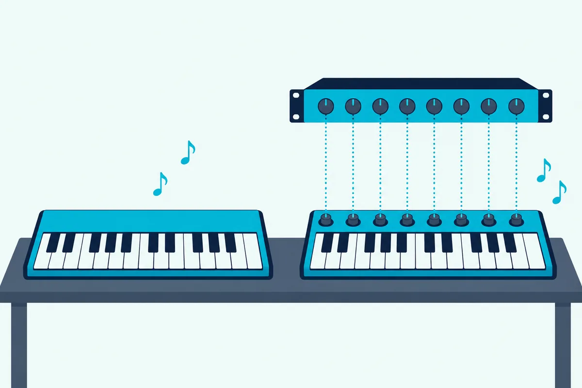A plain keyboard sending only notes beside a controller whose knobs link to matching knobs on a rack module