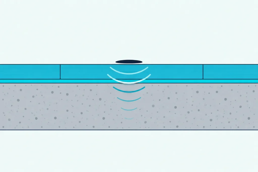A plank floor on a thin underlayment over a slab, with footstep sound waves fading as they travel down