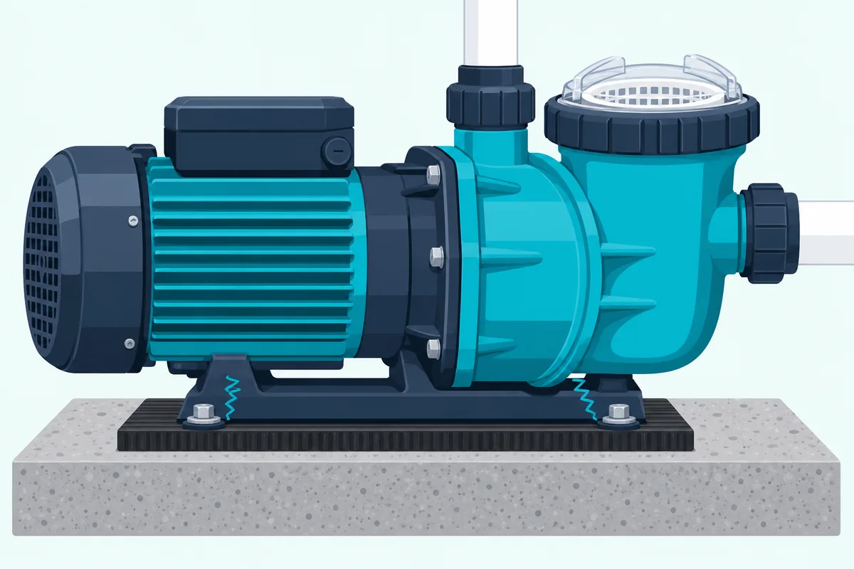 A pool pump bolted to its concrete pad through a ribbed rubber base, with vibration lines stopping at the rubber
