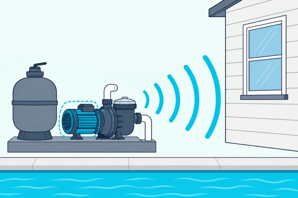 A pool pump on its equipment pad beside a house, with sound arcs heading for a bedroom window and open air around the motor