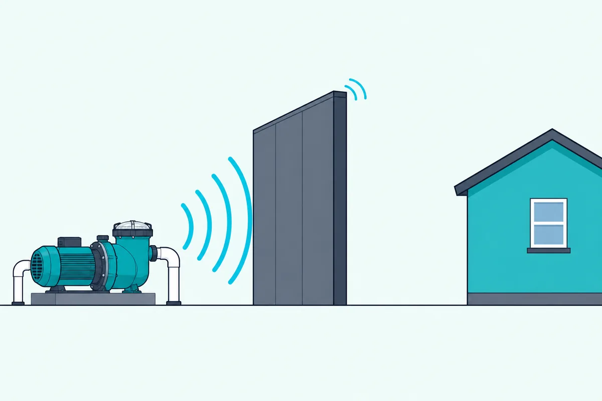 A pool pump on its pad behind a solid wall that stops sound waves heading for a house, with open air above the pump