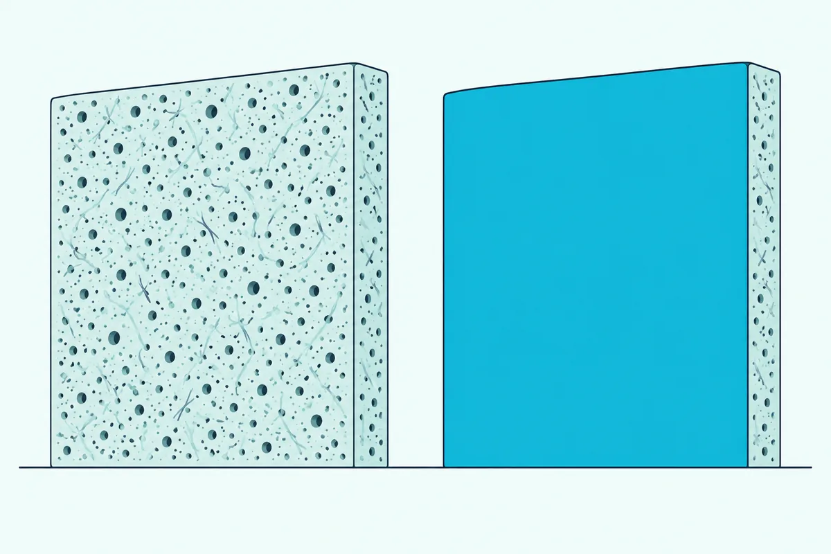 A porous acoustic panel with open pores beside a painted panel whose pores are sealed over by a smooth coat