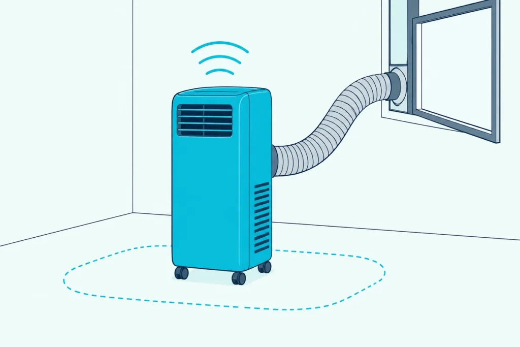 A portable air conditioner on a level floor with clear space around it and its hose running to a window