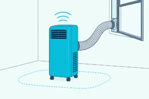 A portable air conditioner on a level floor with clear space around it and its hose running to a window