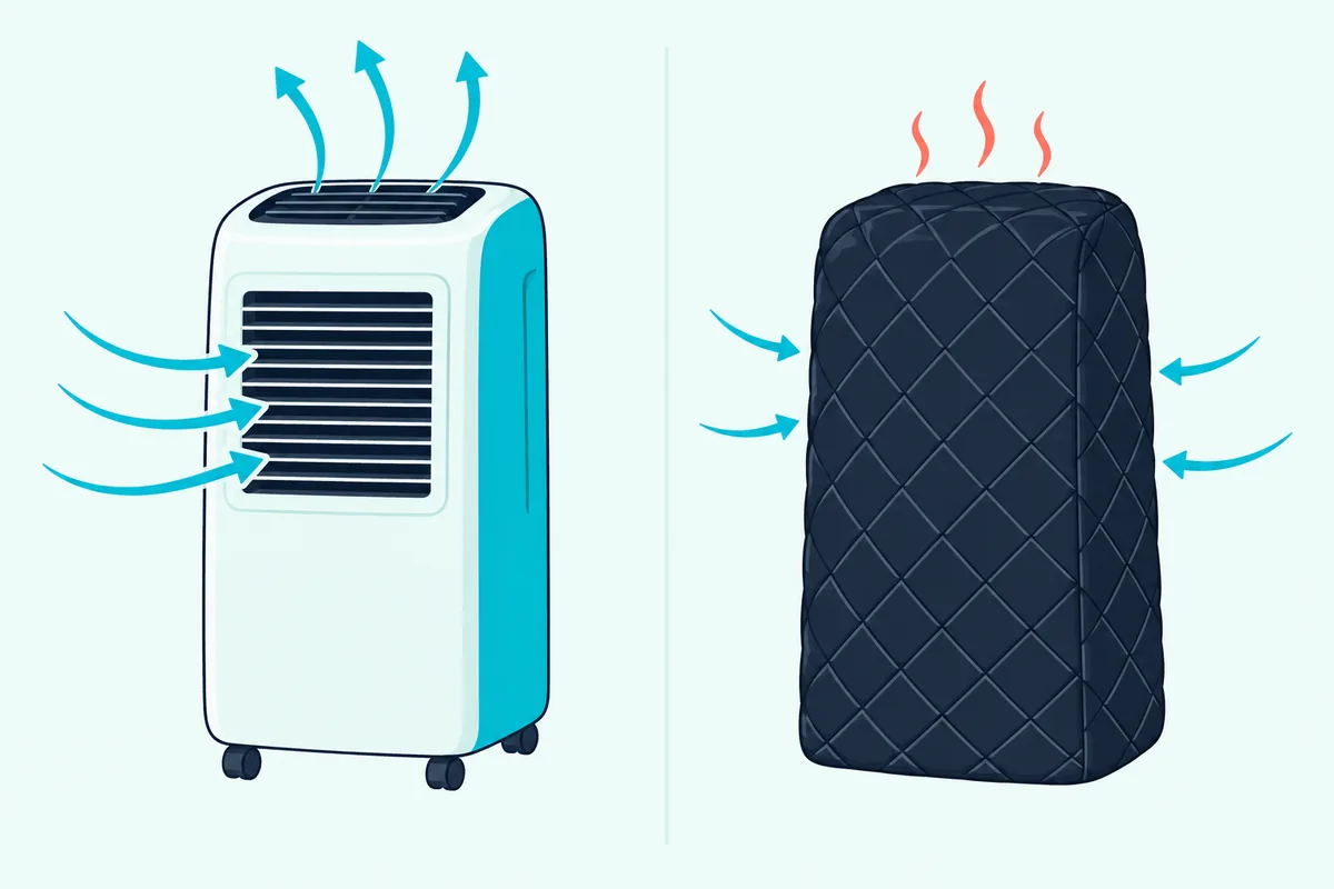A portable air conditioner with free airflow beside one wrapped in a blanket that blocks the airflow