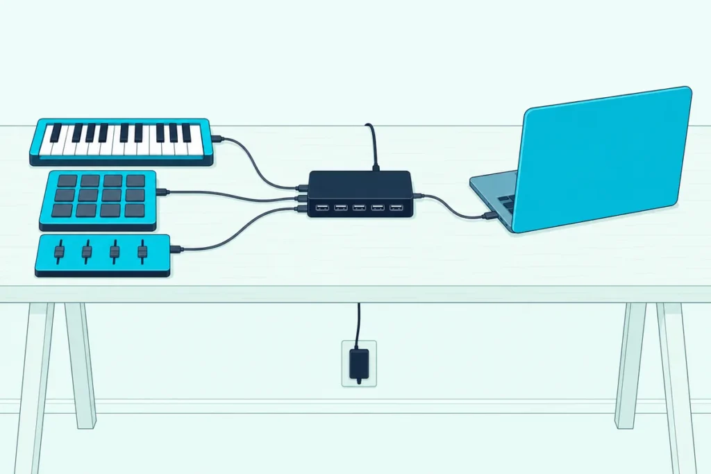 A powered USB hub on a desk wired to a laptop, a 25-key keyboard, a pad controller and a fader controller