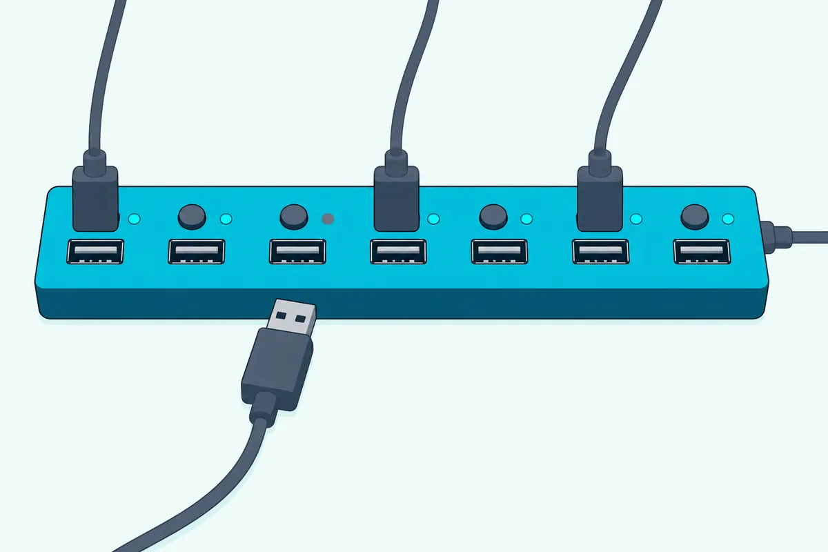 A powered USB hub with a switch beside each port and one unplugged cable lying in front of it