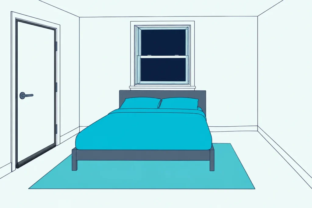 A quiet bedroom at night with a solid gasketed door, a window insert and the bed set away from the shared wall