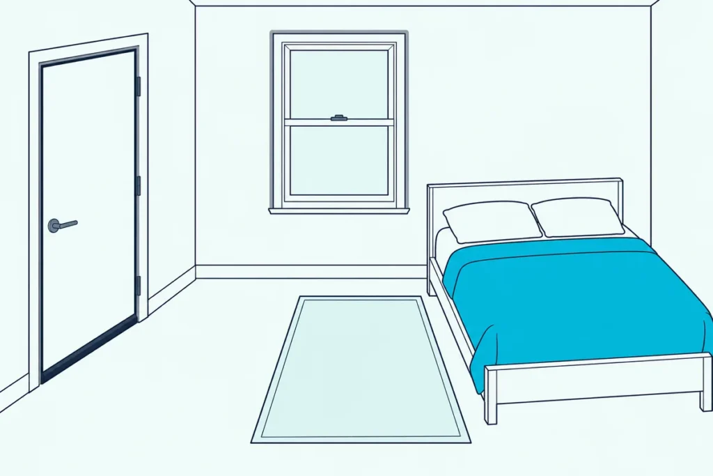 A quiet bedroom with a door sweep on its closed door, weatherstripping on the frame and a closed, locked window