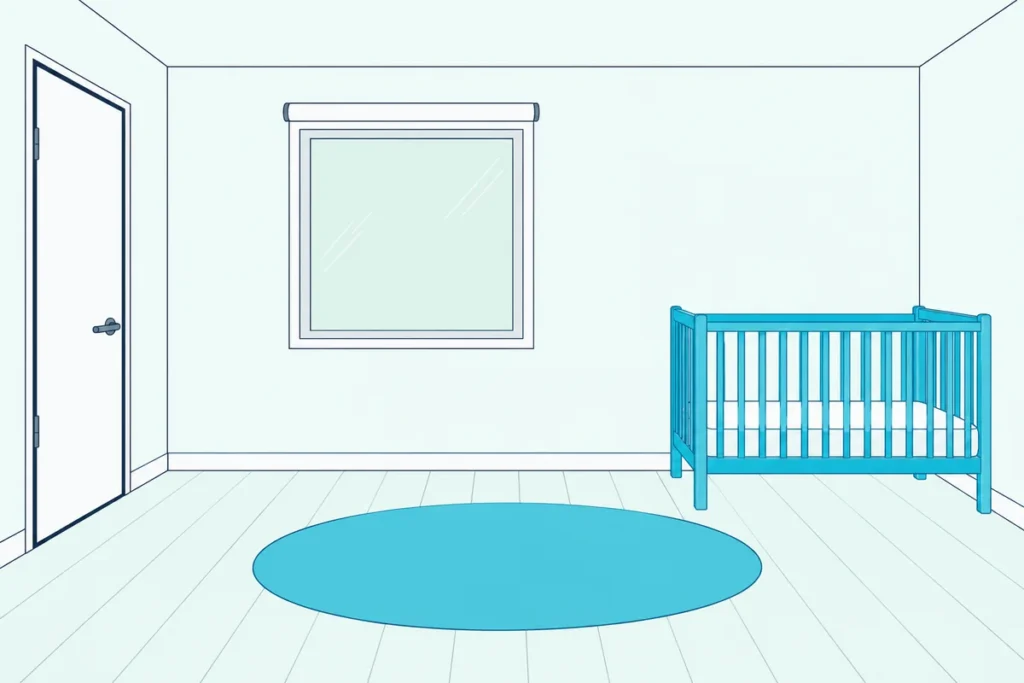 A quiet nursery with a sealed interior door, a window insert and an empty bare crib against a wall away from the window