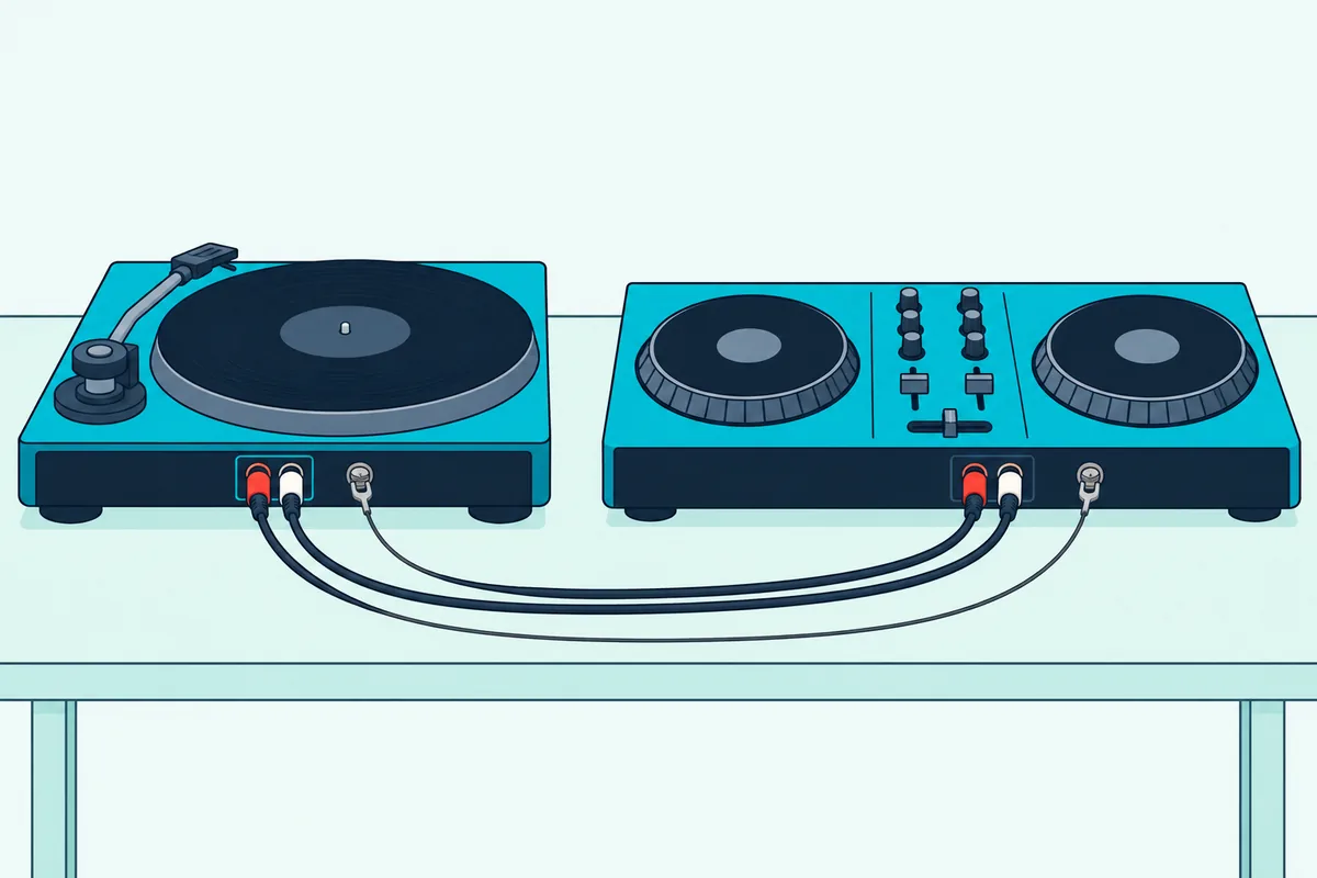 A record turntable connected to a DJ controller with two audio cables and a thin ground wire