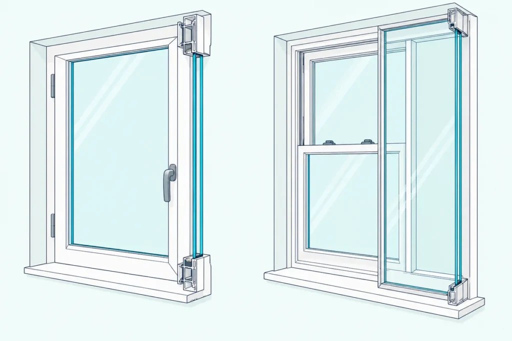 A new replacement window beside an older window fitted with a clear interior insert and a deep air gap