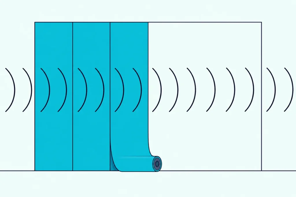 A roll of soft felt wallpaper half hung on a plain wall, with curved sound waves passing straight through the wall