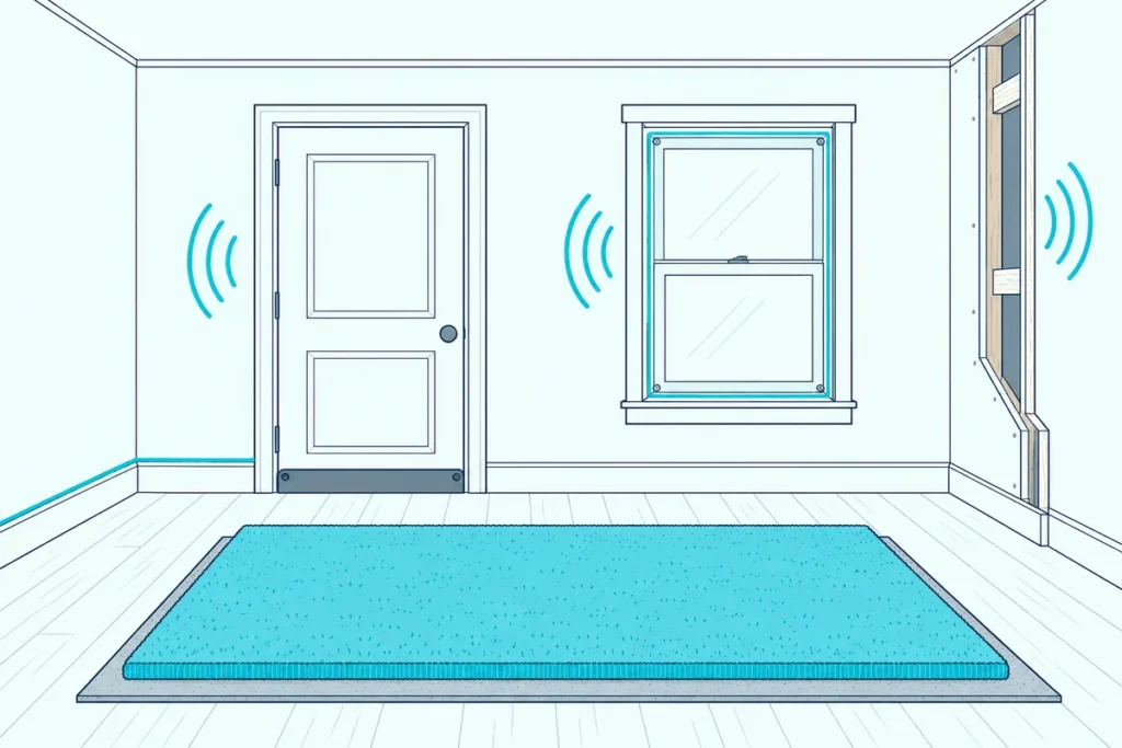 Bedroom cutaway with a caulked baseboard, a door drop seal, a window insert, a doubled drywall wall and a rug on a pad