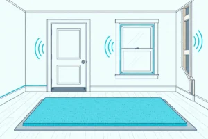 Bedroom cutaway with a caulked baseboard, a door drop seal, a window insert, a doubled drywall wall and a rug on a pad
