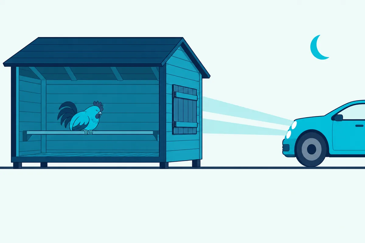 A rooster asleep on a perch inside a coop whose window shutter is closed against a car's headlights