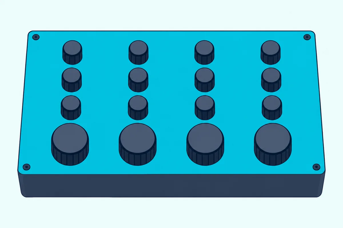 A rotary DJ mixer with a row of large round volume knobs where slider faders would normally sit