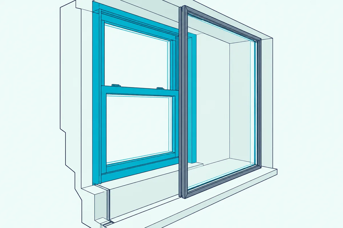 A second window fitted inside the frame behind an old double-hung window, leaving a deep air gap between the two