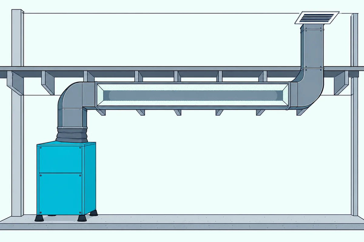 Furnace on rubber pads with a fabric connector and a lined sheet metal duct running to a ceiling supply grille