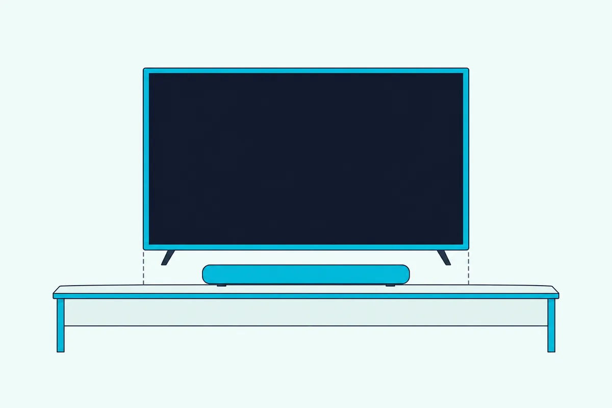 A short soundbar centered under a small TV on a narrow stand, both narrower than the stand's top