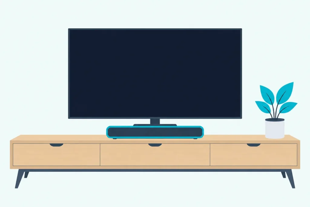 A short soundbar centered on a narrow console below a small TV with a dark screen in a cozy living room