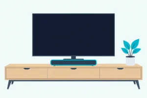 A short soundbar centered on a narrow console below a small TV with a dark screen in a cozy living room