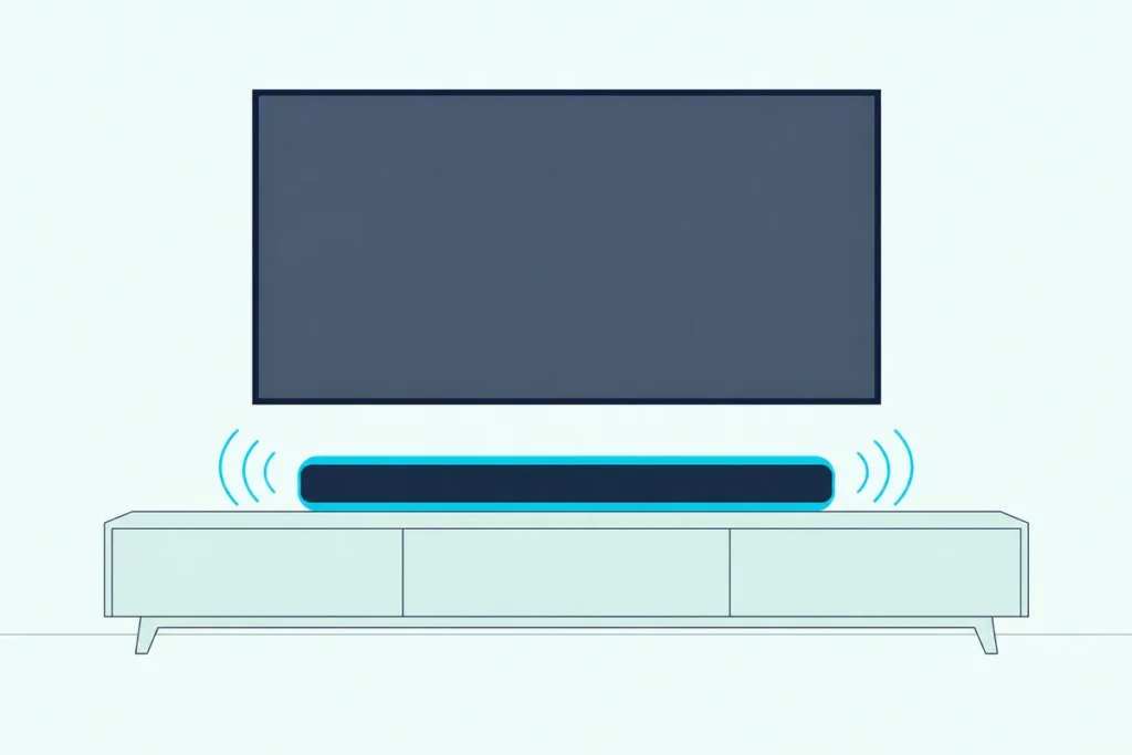 A single long soundbar on a low media console under a wall-mounted TV, with no other speakers in the room