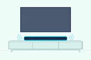 A single long soundbar on a low media console under a wall-mounted TV, with no other speakers in the room