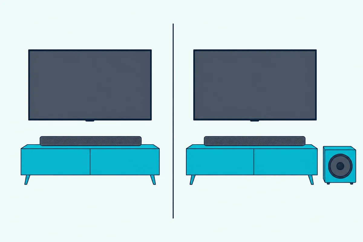 A single soundbar under a TV on the left and a soundbar with a box subwoofer on the floor beside it on the right