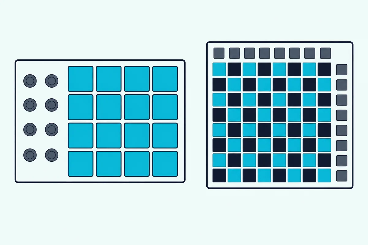 Sixteen-pad drum controller beside a larger square grid controller with sixty-four pads