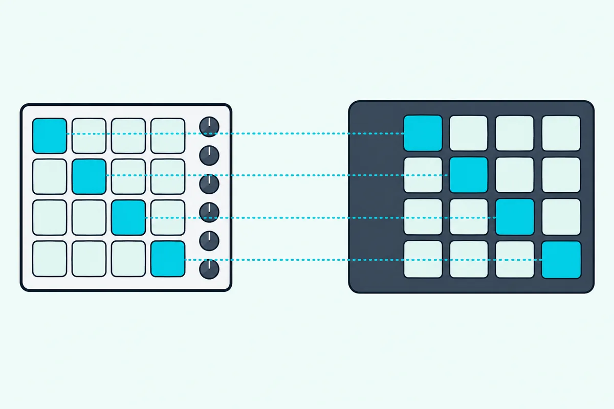 A sixteen-pad controller linked by dotted lines to the matching sixteen pads of a drum module