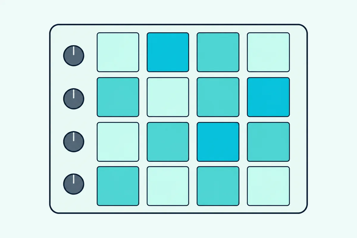 Sixteen-pad drum controller seen from above with its square pads glowing at three different brightness levels