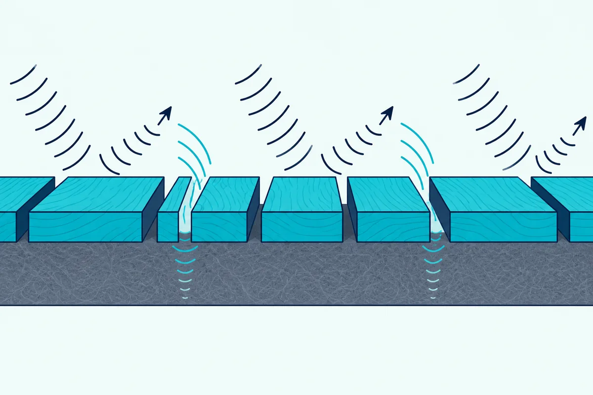 A slat panel cutaway, with sound waves bouncing off the slats and fading into the felt through the gaps